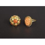 9ct oval carved coral dress ring, cluster 17mm x 13mm; also another gold coral ring (two stones