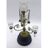 Late 19th century gilt metal and glass epergne, with a hob cut glass centre sconce over three scroll