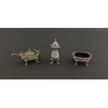 Georgian style three piece silver cruet comprising salt, pepper and lidded mustard with spoon,