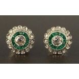 Pair of attractive emerald and old-cut diamond circular cluster earrings, white metal setting,