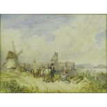 Dutch School - rural study with two figures and a windmill, unsigned, watercolour, 5" x 6.5",