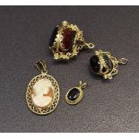 Two 9ct swivel fob pendants, 9ct cameo pendant and another pendant, 11.9gm