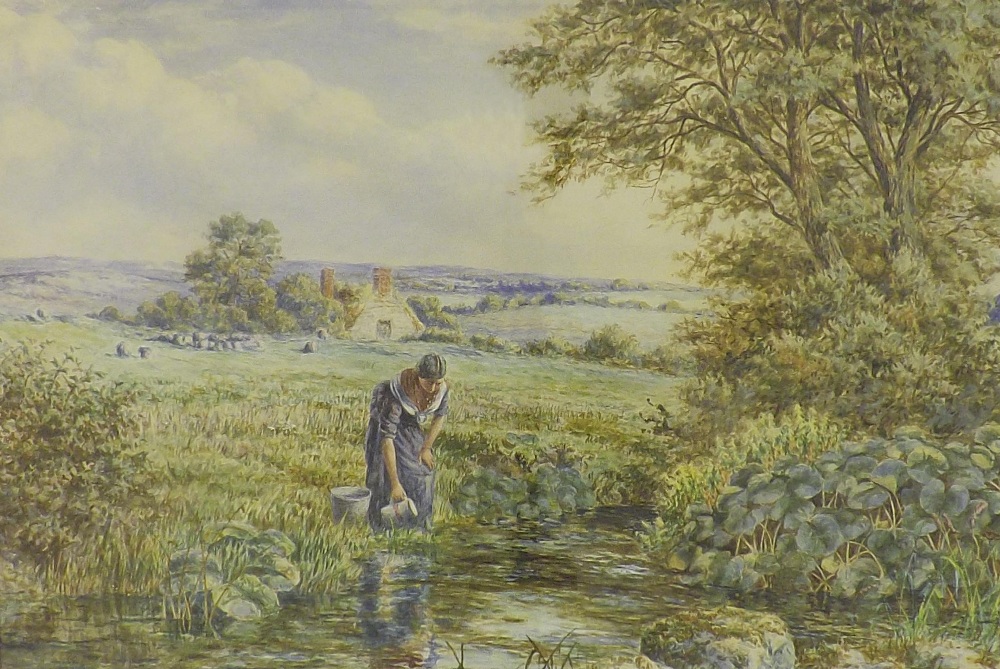 19th Century School - country landscape depicting a lady at a stream with cattle beyond,