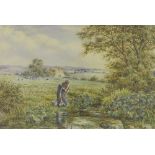 19th Century School - country landscape depicting a lady at a stream with cattle beyond,