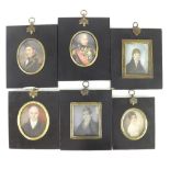 Four various miniature portraits in ebonised frames; together with two various prints (6)