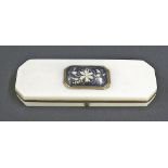 Antique ivory and gold mounted toothpick holder, the lid applied with enamel study of scrolling
