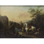 Continental School - study of the Cavalry arriving at a castle with various dogs, deer and