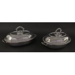 Pair of Mappin & Webb Prince's plate lidded entree dishes with gadrooned handles and rims, fitted