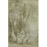 19th Century School - study of three ladies and a baby in a wooded landscape, sepia wash and pencil,