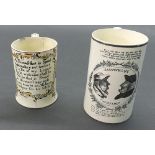 English creamware tankard printed in black and white with an oval portrait titled 'Courtship and