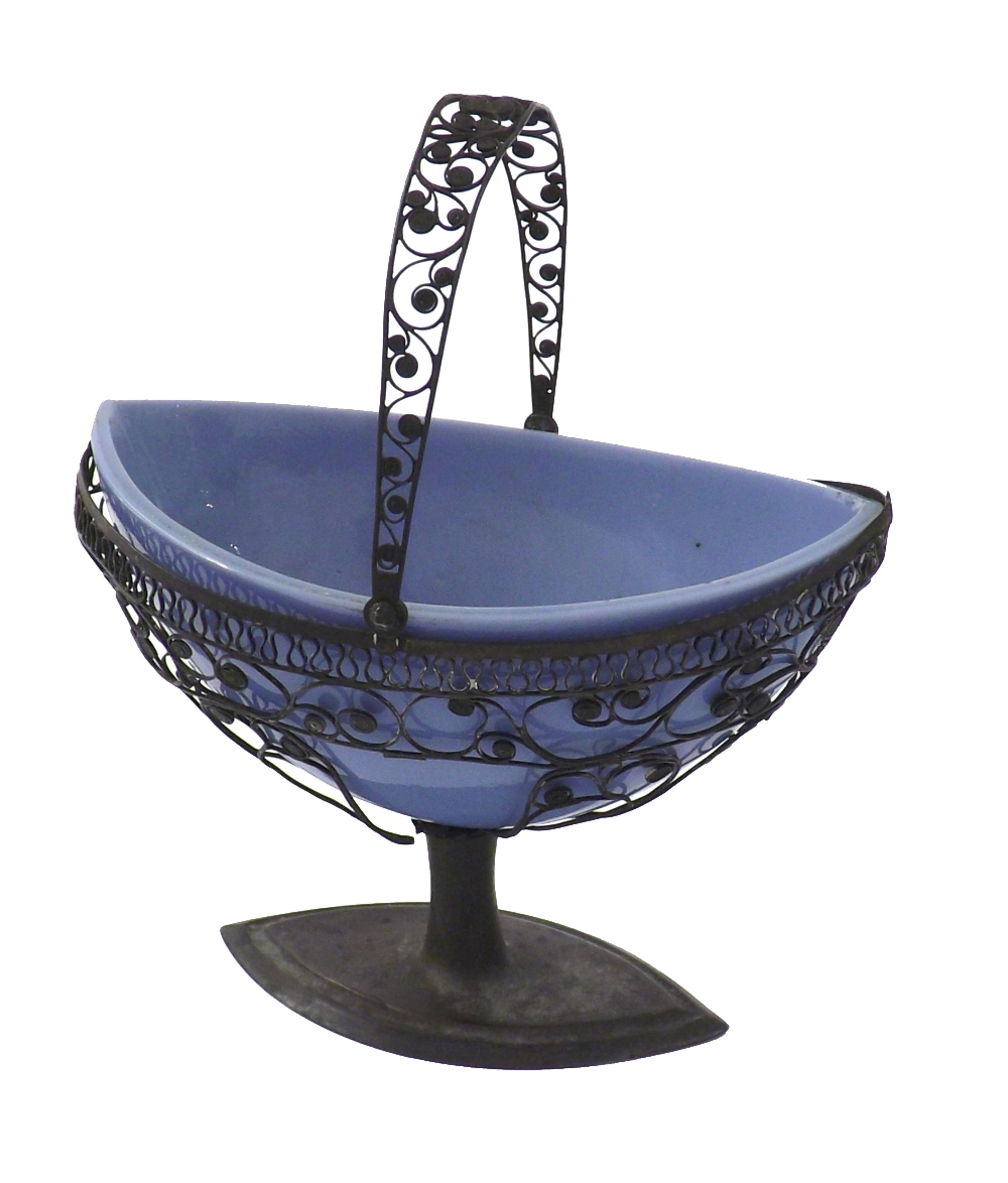 Antique white metal filigree work basket fitted with a blue opaline glass liner, 6" wide (a.f)