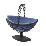 Antique white metal filigree work basket fitted with a blue opaline glass liner, 6" wide (a.f)