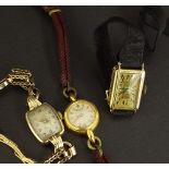 9ct lady's bracelet watch, 14gm; 18ct lady's wristwatch head and a Universal gold plated lady's