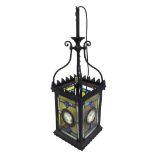 Attractive square hall lantern, fitted with four leaded glass coloured panels with central prismatic