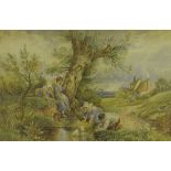 After Myles Birket Foster - four children playing in a pond, monogrammed, inscribed verso 'Myles