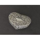 Victorian silver embossed heart shaped trinket box, heavily embossed with scrolled foliage, maker