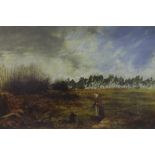 19th Century School - two figures in a country landscape, oil on canvas, gallery label verso, 20"