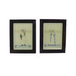 Pair of antique pinprick watercolours, one of a Highland piper, the other of a shepherdess, each 11"