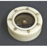 Attractive antique ivory circular counter box, the top applied with gold pique work and cabouchon