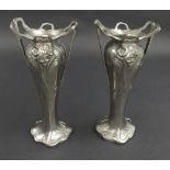 Pair of Art Nouveau style twin handled silvered metal vases, with cast organic stylised decoration