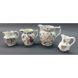 William Fifield Bristol pearlware floral jug, 7" high; together with two other similar jugs and a