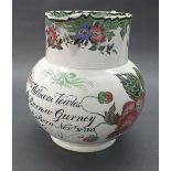 Pearson & Co early 19th century transfer printed christening jug named 'William Vowles Barrow