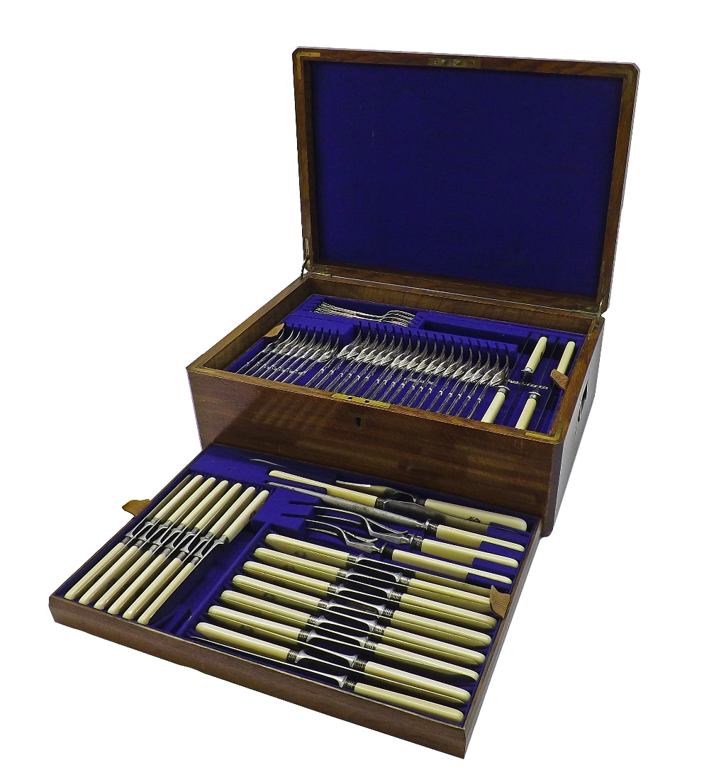 Good oak twin campaign handled canteen of silver plated cutlery by Harrison Brothers & Howson fitted