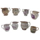 Eight assorted pearlware and other pink lustre jugs (a.f) (8)