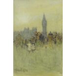 By Maria Hampshire-Eaton (fl. 1890-1937) - busy London landscape, signed, large inscription verso