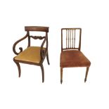 Early Victorian mahogany carver chair, with scrolled arm supports, drop-in seat and sabre front