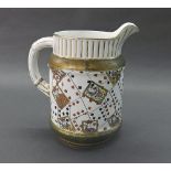 Unusual 19th century ale house jug, printed with playing card suits with a one duty shilling card