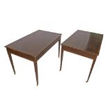 Pair of Georgian mahogany and walnut crossbanded centre tables with rectangular tops upon square