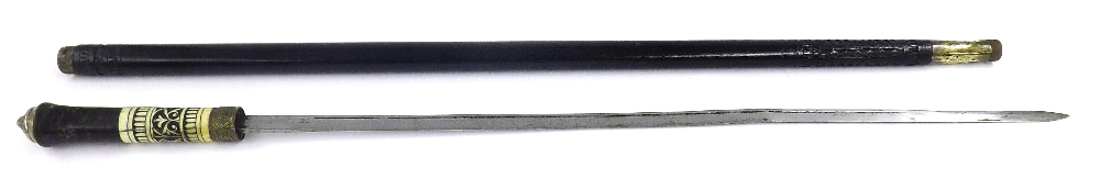 Anglo-Indian ebony and bone swordstick, the top mounted with a lion head knop, the steel blade - Image 3 of 3
