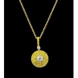 18ct yellow gold diamond set pendant on chain, with a central white old-cut diamond within a