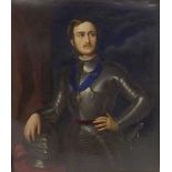 English School - portrait of Prince Albert in armour, work on porcelain, 12" x 10", pierced giltwood