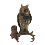 Novelty cold painted bronze inkwell in the form of an owl perched on a branch, 6" high