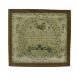 Early 19th century sampler by Jane Allan Stockton aged 10 years, decorated with birds in a nest