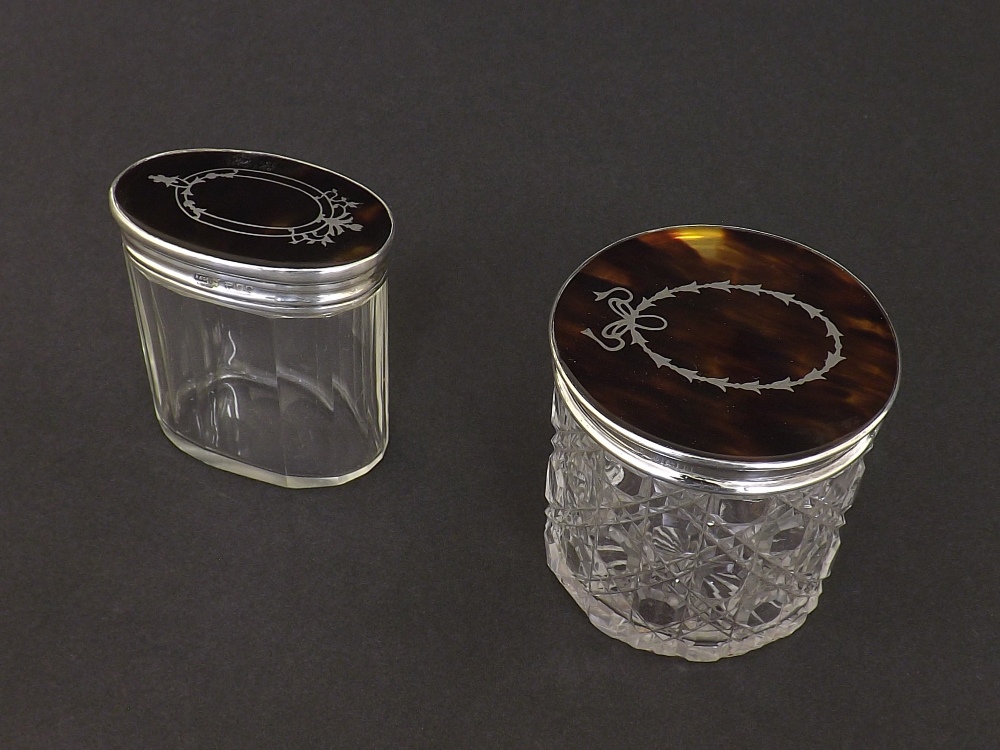 Early 20th century hobnail cut glass jar with silver and tortoiseshell pique work lid, maker's marks