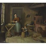 By R* Kohler (Continental School) - interior kitchen scene with mother and daughter, signed, oil