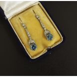 Pair of fine aquamarine and diamond white gold drop earrings, 0.56ct approx, drop 44mm, boxed