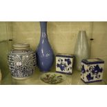 Mixed Chinese porcelain to include two crackle glaze vases, blue and white lidded ginger jar, two