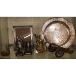 Mixed miscellaneous lot to include pewter easel picture frame, cast bronze cannon on wooden stand,