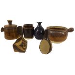 Six pieces of studio pottery to include four various vases, lidded twin handle pot and further