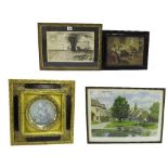 Four various works of art to include black and white etching, Robert G Upton print, over-painted