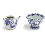 Chinese blue and white porcelain teapot; together with a further Chinese blue and white pedestal