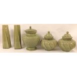 Collection of Thai celadon pottery to include two wrythen fluted lidded spice jars, further baluster