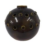 Interesting studio pottery spherical vessel possibly by Mary Vigior, geometrically pierced and