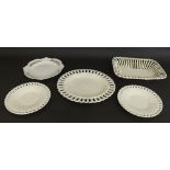 Collection of cream ware type plates to include pierced ribbon basket with gilded highlights, 10.