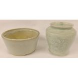 Studio celadon glazed lidded ginger jar embossed with floral sprays, 8" high; together with matching