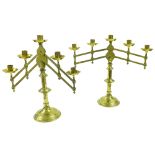 Matched pair of brass five branch Menorah, with concertina branches fitted with five sconces, each